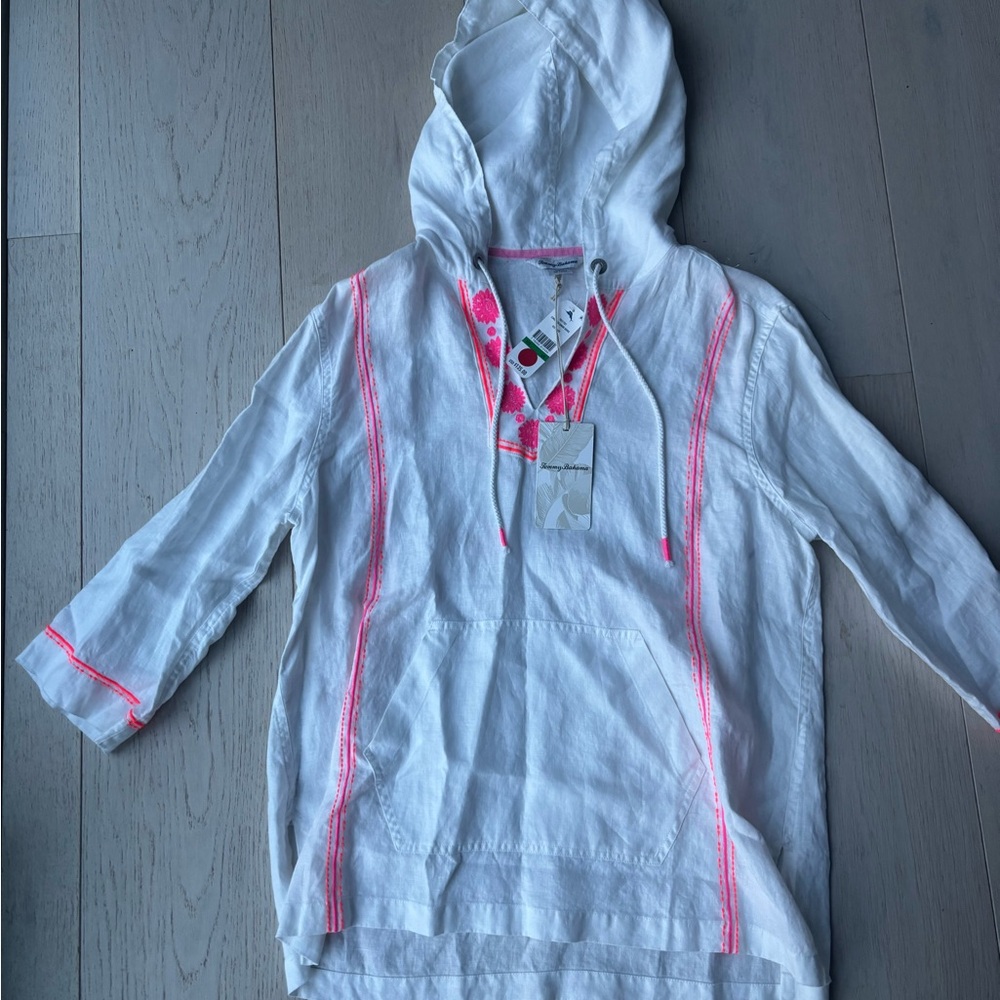 Tommy Bahama White and Pink linen swimsuit coverup with Hood